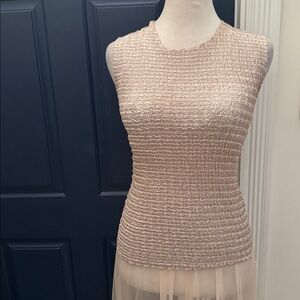 Nicola vintage crinkled pleats polyester creams ivory crew neck sleeveless top